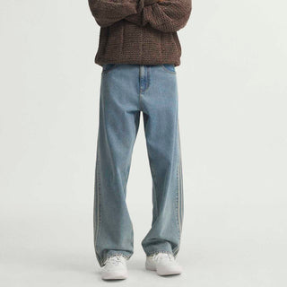 Mens light blue denim pants with drawstring waistband look, side stripe detail, sneakers