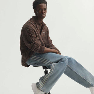 Mens light blue denim pants with side stripes and relaxed wide leg fit