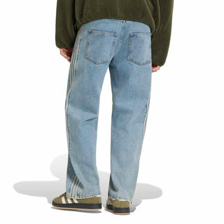 Mens light blue denim pants with cuffed hem, patch pockets, and brown shoes