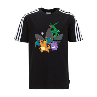 Youth Pokemon 3-Stripe T-shirt in black, front graphic and white sleeve stripes