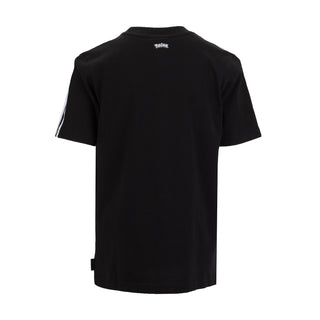 Black youth T-shirt with white shoulder stripes and small back logo