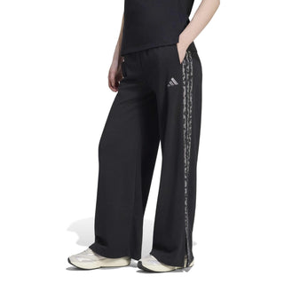 Women’s black wide-leg track pants with animal-print 3-stripes down the sides