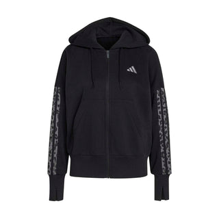 Black womens zip-up hoody with animal-print side stripe and drawstring hood