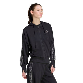 Black womens zip-up hoody with drawstring hood and animal-print sleeve stripes