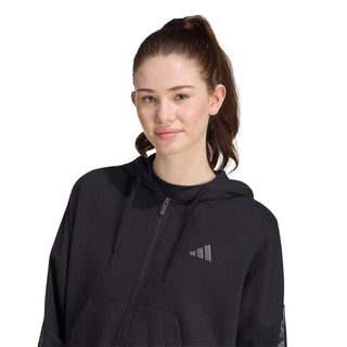 Black womens zip-up hoody close-up with drawstring hood and small chest logo