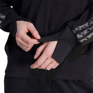 Black zip-up hoody sleeve cuff detail with animal-print stripe and zipper pull