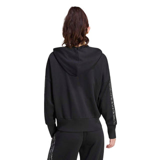 Black womens zip-up hoody back view with animal-print sleeve stripe