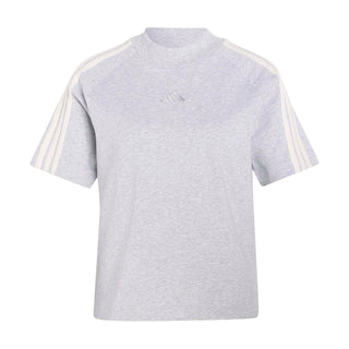 Women's light grey heather tee with adidas logo and three-stripe shoulder stripes