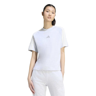 Women's light grey heather adidas tee with three-striped sleeves
