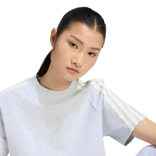 Women's light grey heather adidas crew-neck tee with three-stripe sleeve detail