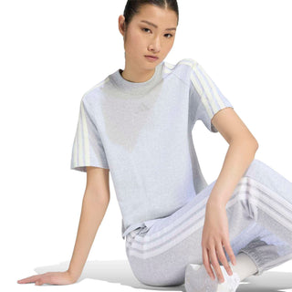 Women's light grey heather adidas tee with three-striped sleeve bands