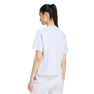 Women's light grey heather tee with three-stripe shoulder detail (back view)