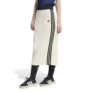 Womens off-white skirt with black waistband, side triple stripes, and front slit