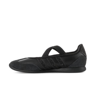 Women's black Mary Jane flats with diagonal stripe detailing and crisscross strap