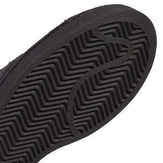 Close-up of black outsole tread with repeating zigzag channel pattern