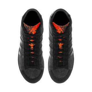 Men's black high-top sneakers with orange patterned tongue and lace panel