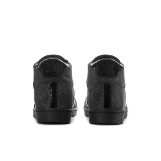 Men's black high-top sneakers, rear view with padded collar and heel tab