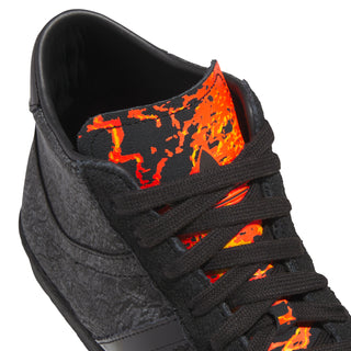 Men's black high-top sneaker with orange graphic lining and lace-eyelets