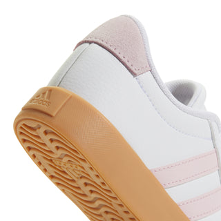 Kids adidas VL Court 3.0 sneaker, white upper with pink band and gum tread