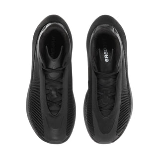 Pair of men's black sneakers viewed from above, lace-up and mesh panel