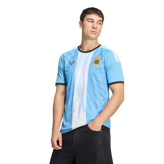 Light blue and white striped Argentina-style soccer jersey with black collar trim