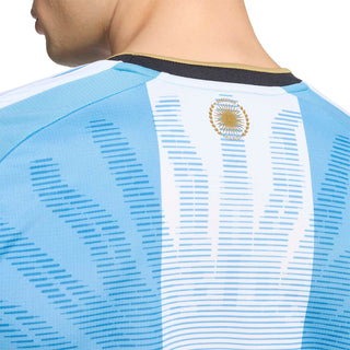 Shoulder and back close-up of light blue patterned jersey with white vertical stripe