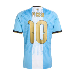 Back view light blue and white striped soccer jersey with gold "10" and MESSI