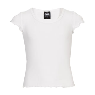 White youth lettuce-edge tee, crew neck, short sleeves; visible neck label.