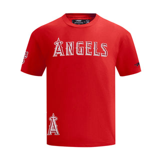 Red mens T-shirt with Angels logo graphic on chest