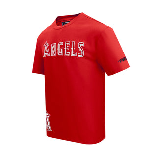 Red mens T-shirt with Angels logo on front, short-sleeve crew neck