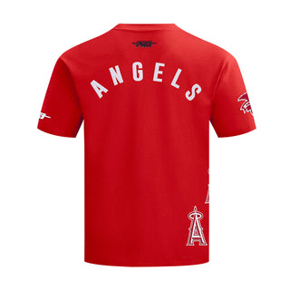 Red mens T-shirt back view with Angels wordmark and sleeve logo
