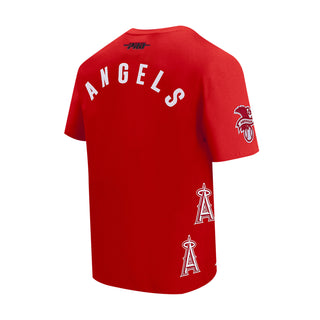 Red mens T-shirt back view with Angels wordmark and A logo on sleeve