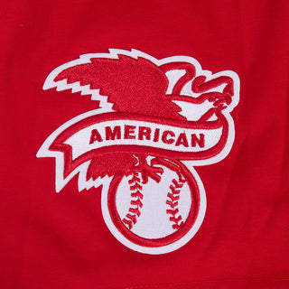 Red mens T-shirt close-up of American logo with baseball graphic