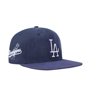 Navy six-strapback cap with LA logo and Dodgers script embroidery on the side