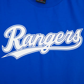 Blue T-shirt with large Rangers script graphic across the chest