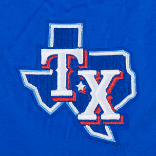 Close-up of Texas Rangers logo on blue T-shirt