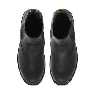 Men's black leather Chelsea boots with rounded toe and elastic gore on the sides.