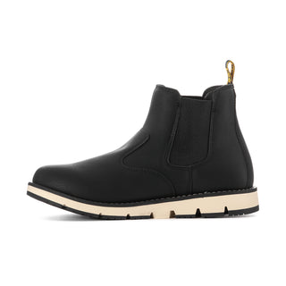 Men's black leather Chelsea boot with elastic side panels and beige midsole and sole.