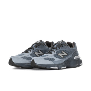 Men's New Balance running shoes, light blue/gray upper with dark blue heel and laces