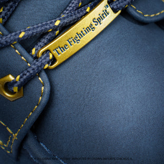 Men's navy lace-up boots, gold laces and stitched detailing on the tongue