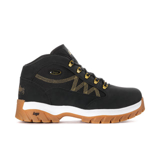 Men's black mid-top hiking boots with gold laces and gum rubber outsole