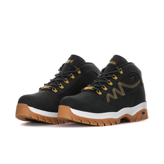 Pair of men's black mid-top hiking boots with gold eyelets, laces, and gum sole