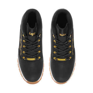 Men's black lace-up boots with cushioned collars and gold logo on the tongues