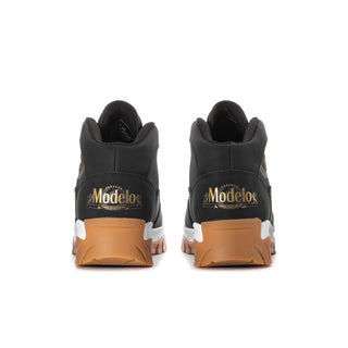 Men's black lace-up boots with rear pull tabs and gold heel branding