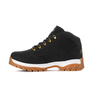 Men's black mid-top lace-up boots with gold hardware accents and gum outsole