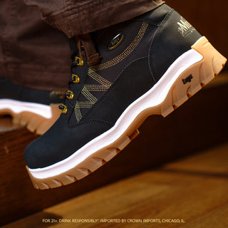 Men's black lace-up boots with gold stitching, plaid panel, white-and-gum sole