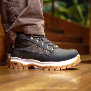Men's black lace-up boots with gold plaid trim, padded collar, white chunky sole