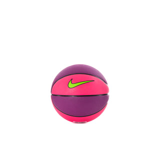 Mini basketball front view, pink top and purple bottom with green Nike swoosh