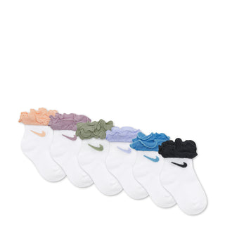 Infant ruffle cuff sock set, 6-pack: white with coral, lilac, olive, blue, and black Nike swooshes