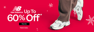 Promotional banner for New Balance shoes with a discount offer on a red background.